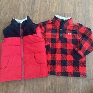 Carters Sherpa Vest Buffalo Plaid Sweater Red Black Fleece Boys 3T Christmas